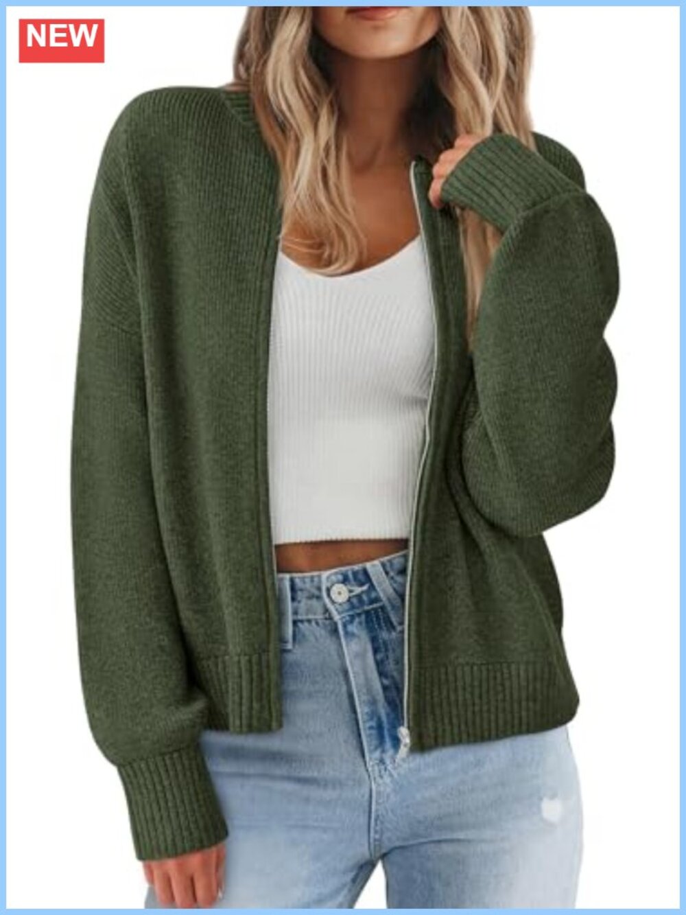 Chunky Knit Zip Up Cardigan Sweater Womens Loose Fit Fall Layering Piece